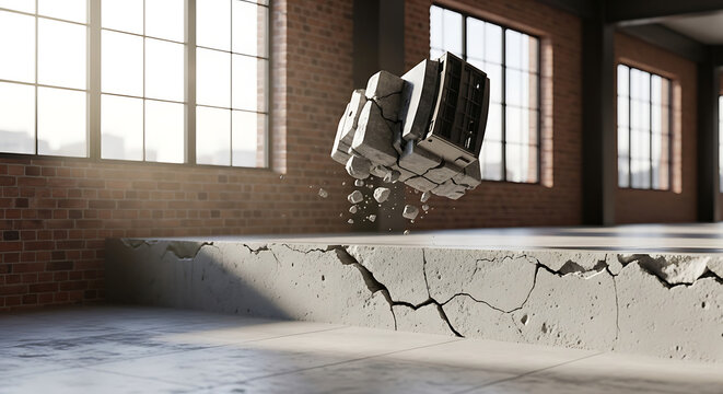 Pixelated digital data cube shattering and fragmenting, falling apart and disintegrating, symbolizing data loss and digital decay in an industrial loft setting.