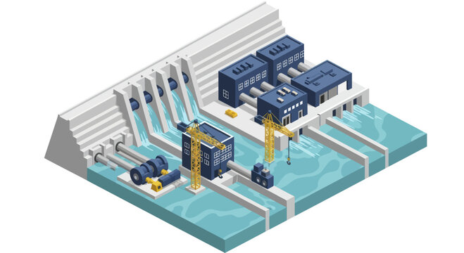 Isometric Hydroelectric Power Plant Generating Clean Energy.