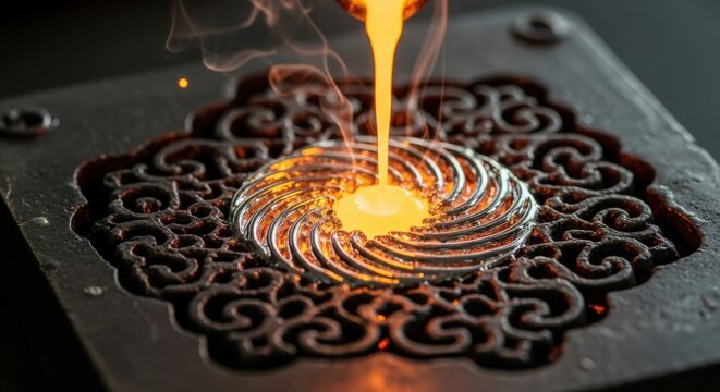 Molten Gold Cascade Exquisite Metalwork Creation Artisan Craftsmanship in Action Liquid Precious Metal Forming Intricate Design High-Heat Artistry Skilled Goldsmith Shaping Luxury Ornament