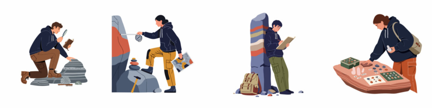 Flat vector illustration set of geologists and earth scientists studying rocks, fossils, minerals, and geological formations in the field.