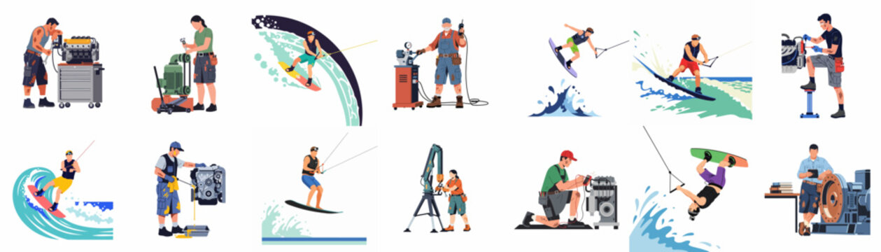 Flat Illustration Collection of Industrial Mechanics Repairing Engines and People Enjoying Water Sports Like Surfing and Wakeboarding