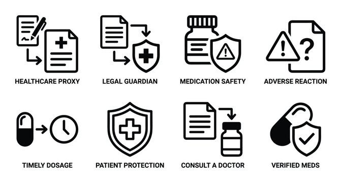 Medical icons covering healthcare proxy, legal guardian, medication safety, and adverse reactions.
