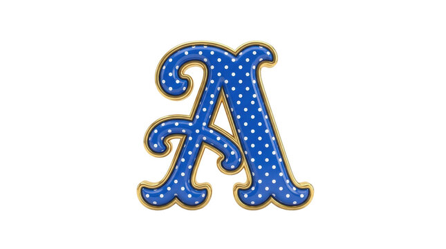A whimsical blue alphabet letter 'a' with white polka dots and a golden border, set against a clean white background.