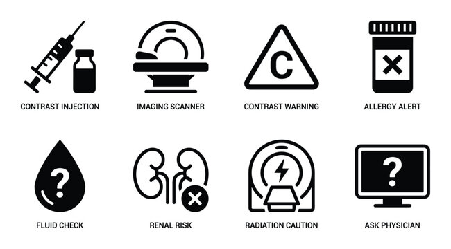Medical icons for healthcare and diagnostic procedures with labels to inform patients about risks and actions.