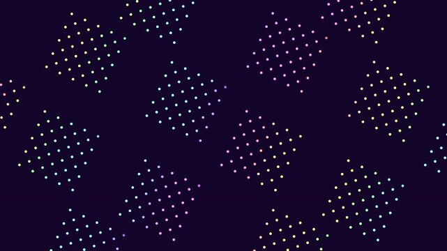 Abstract animated background with colorful dotted diamond shapes on dark purple backdrop, glowing gradient particles forming seamless geometric pattern for modern design