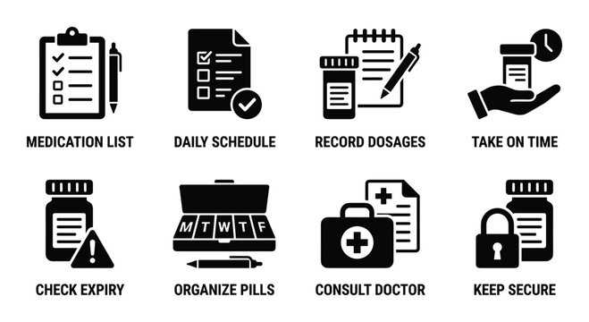Medication list daily schedule record dosages take on time icons vector.