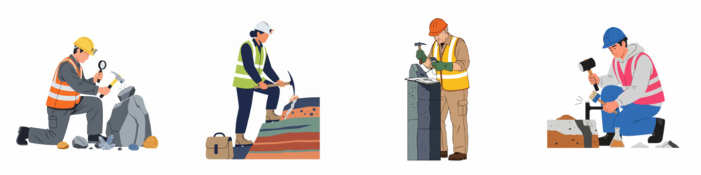Set of professional geologists and miners in safety gear examining rocks and minerals with hammers, pickaxes, and magnifying glasses in flat illustration style.