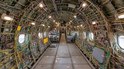 Fototapeta premium Intricate Aircraft Wiring Harnesses and Electrical Systems Exposed Inside the Cabin Interior