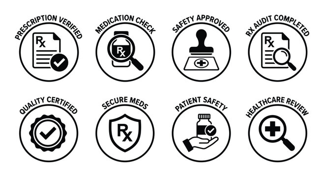 Prescription verified medication check safety approved rx audit completed quality certified secure meds patient safety healthcare review stamps and icons.