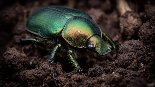 Metallic Green Scarab Beetle Digging into Rich Soil, Capturing Intricate Detail of Insect Life in its Natural Habitat.