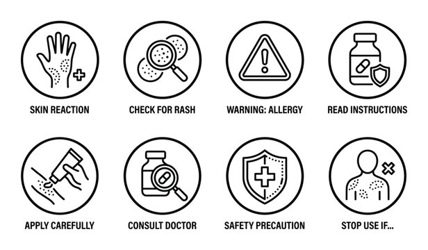 Skin reaction check for rash warning allergy read instructions icons set.