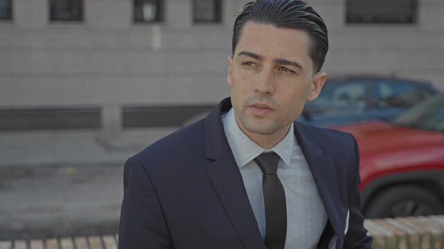 Man in business suit smoking, holding cigarette with hand near mouth on street beside building and parked car, gaze turned away; quiet contemplation.