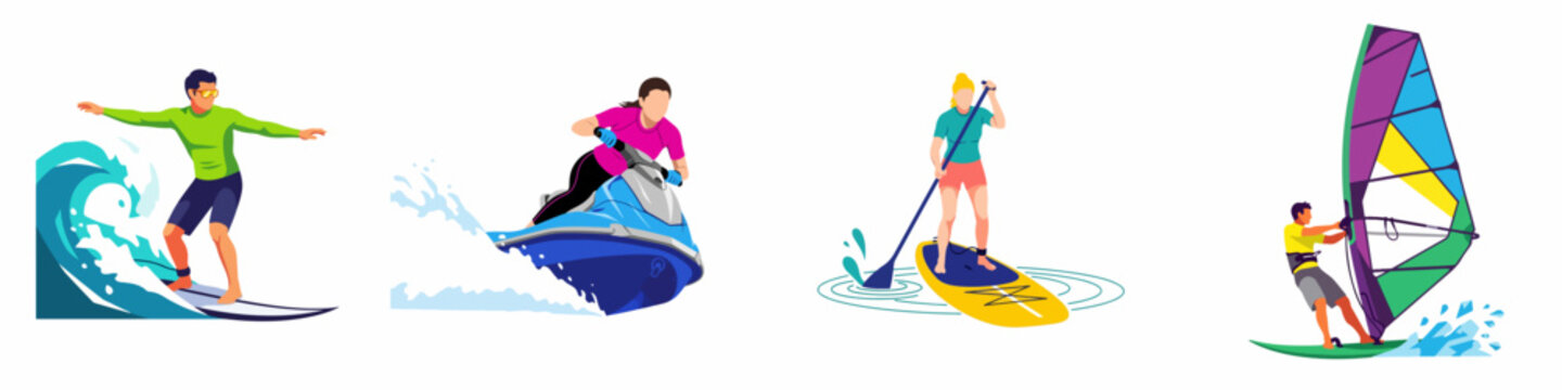 Set of flat vector illustrations of people enjoying water sports: surfing, jet skiing, stand-up paddleboarding, and windsurfing isolated on a white background.