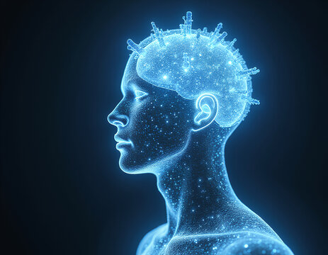 Human profile with glowing brain and virus-like spikes
