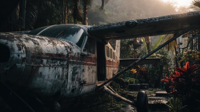 Weathered small bush plane abandoned in a lush overgrown jungle, showcasing the relentless power of nature reclaiming man-made structures.