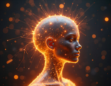 Human head sparkling with golden nano robots conected to the brain