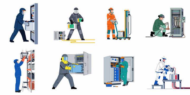 Set of technicians in full protective equipment maintaining, installing, and testing industrial battery energy storage systems and electrical control panels.