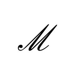 Obraz premium Elegant black cursive letter M with a decorative flourish on a clean white background, representing typography and initial design.