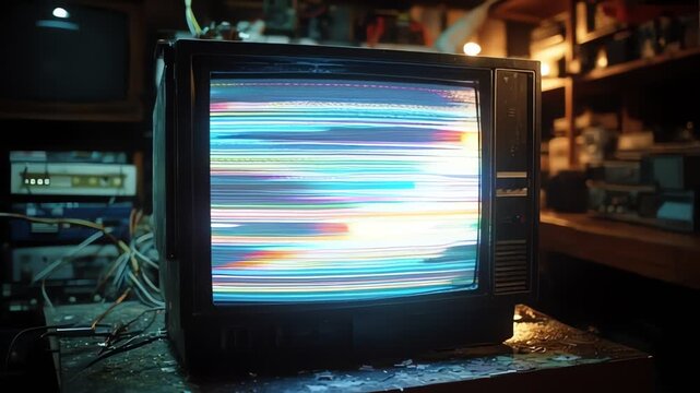 vintage retro television with colorful static lines glitch effect in dim room setup