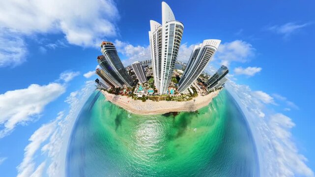 Surreal tiny planet with skyscrapers distorted on the beach