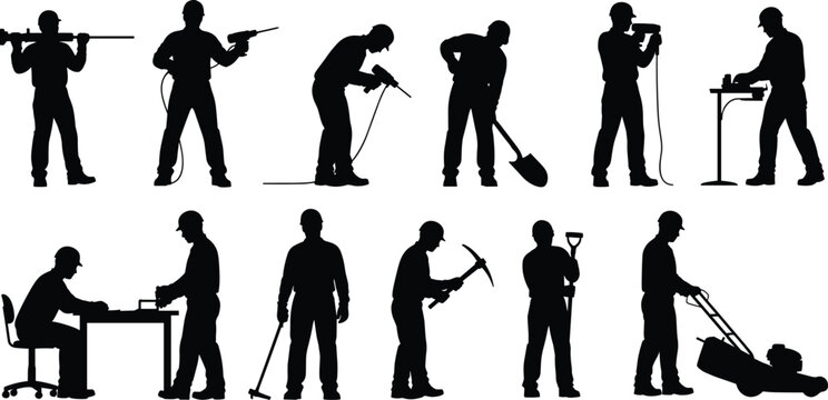 Construction workers silhouettes collection with tools and equipment, black labor vector set showing builder, technician, and industrial work activities