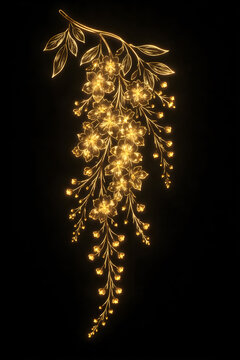 Golden Glow Cassia Flower Line Art on Black Background