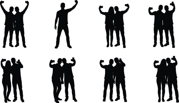 Friends taking selfie silhouettes with smartphone, group of people posing together for photos isolated on white background for social media design use