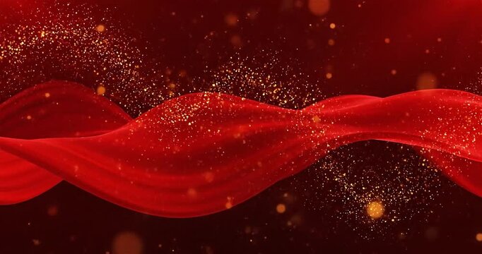 Red ribbon surrounded by golden sparkles on a rich red backdrop ideal for festive holiday, celebration, or giftrelated designs.