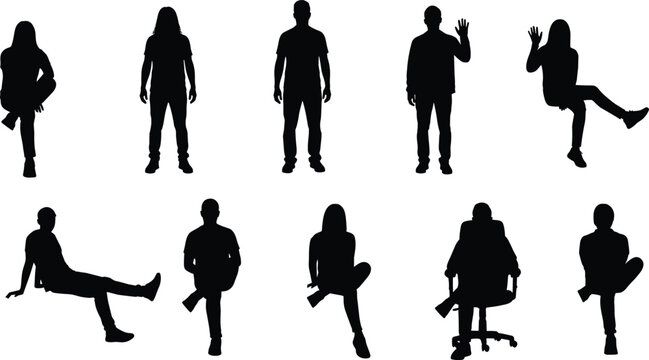 People silhouettes vector set collection of standing sitting and casual poses isolated black human figures for lifestyle and design use