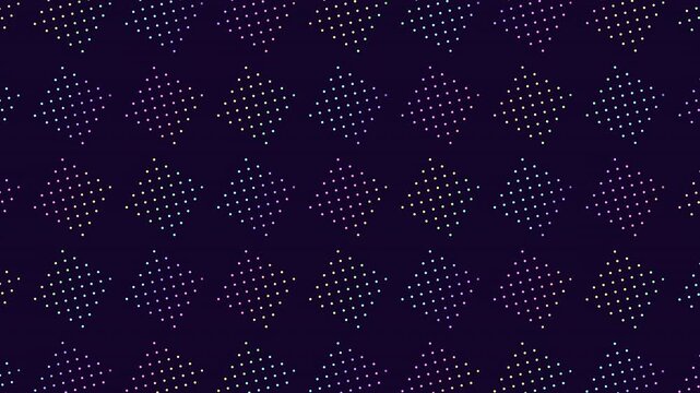 Abstract dark background with repeating diamond shapes made of colorful glowing dots. Seamless geometric pattern for party visuals, tech design, wallpapers, and motion graphics