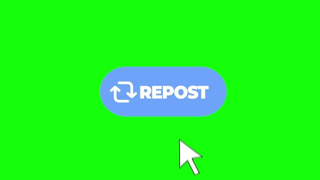 Repost blue button clicked animation motion graphic on chroma key green screen background