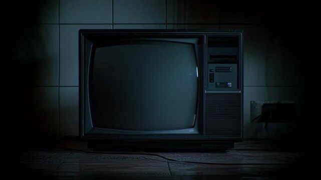 vintage television with colorful static lines glowing in dark room retro tech