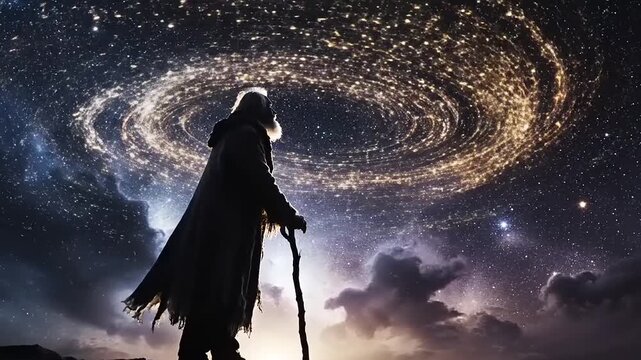Person with a walking stick gazes at starry night sky with mountainous landscape backdrop