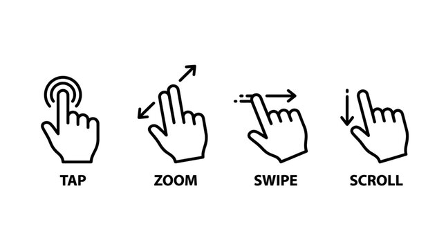 Collection of intuitive gesture icons demonstrating common touch screen interactions for user interfaces