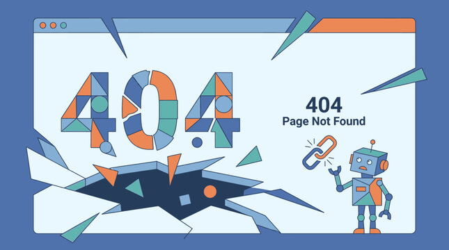 Website 404 Page Not Found error illustration with a broken browser window and robot character. A digital problem concept for web development, user experience, and empty states