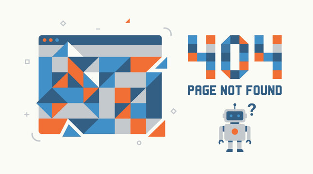 404 Page Not Found Error illustration with a robot and website elements, digital concept for website downtime or errors