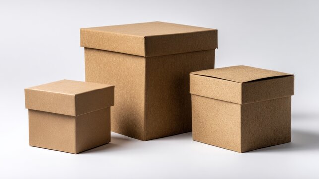 Three corrugated cardboard boxes of different sizes on a white surface
