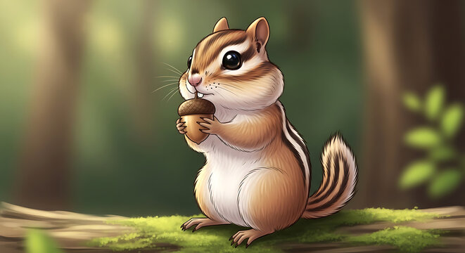 A cute chipmunk holding an acorn.