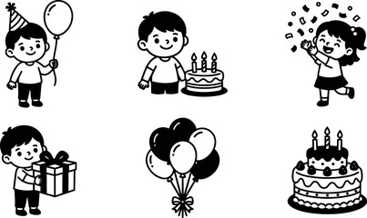 Fototapeta premium Black and white birthday children holding balloon cake and gift with balloons