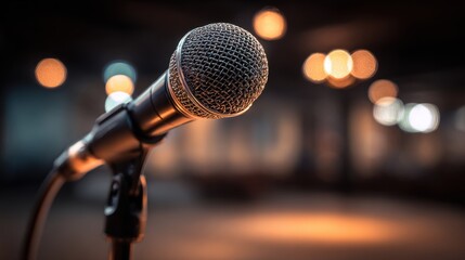 Obraz premium A professional dynamic microphone on a stage with blurred stage lights in the background