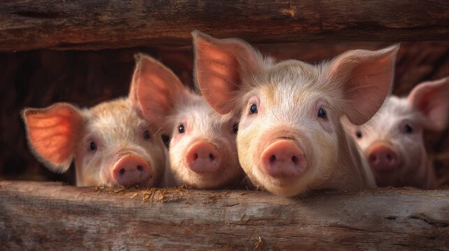 Pigs gather at a pig farm trough during feeding time in a rural setting with healthy pigs eating together in a barn