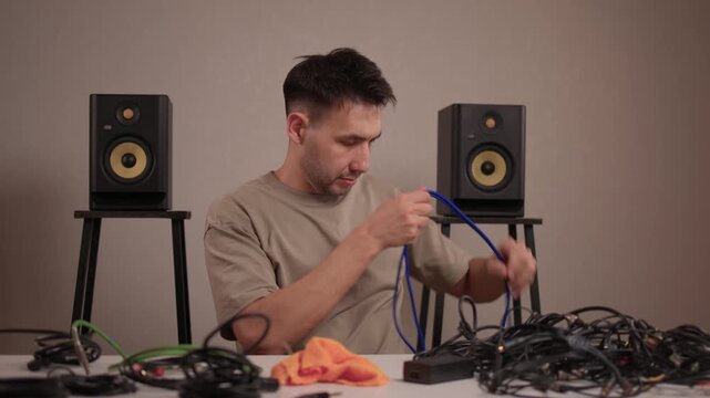 Focus on meticulous cable management in recording studio environment. Detailed image of audio technician systematically coiling cables with monitor speakers in backdrop