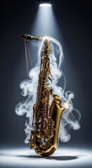 Fototapeta premium A golden saxophone glistens amidst swirling white smoke, illuminated by a sharp overhead spotlight with dynamic motion blur trails of light, energy, jazz, ethereal