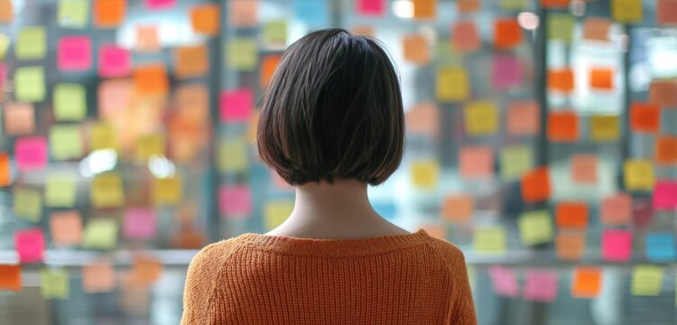 Asian woman with short hair wearing an orange sweater standing in front of a colorful wall covered with sticky notes and posters