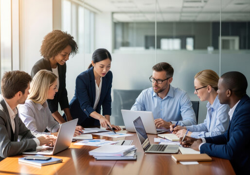 Business meeting with diverse professionals collaborating around a table.