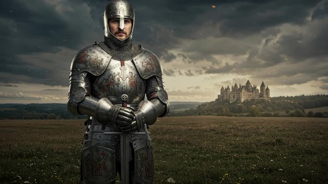 Knightly Sentinel: A formidable knight stands watch over a castle, embodying courage and strength against the backdrop of an imposing fortress and dramatic skies.