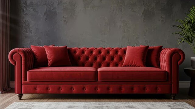 Elegant Crimson Sofa: A luxurious crimson sofa takes center stage, its plush design radiating comfort and sophistication, perfectly complementing the minimalist backdrop.