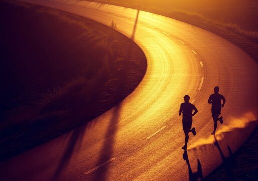 A high angle view of athletic figures running along a path at sunset, casting long and dramatic shadows across the warm, golden pavement, health, movement, yellow