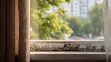 Fototapeta premium Close-animated movie macro of mold growth on a windowsill in an apartment showing green and black textured patches
