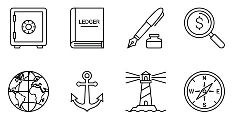Obraz premium Finance and navigation set of icons including safe ledger pen magnifying glass globe anchor lighthouse.